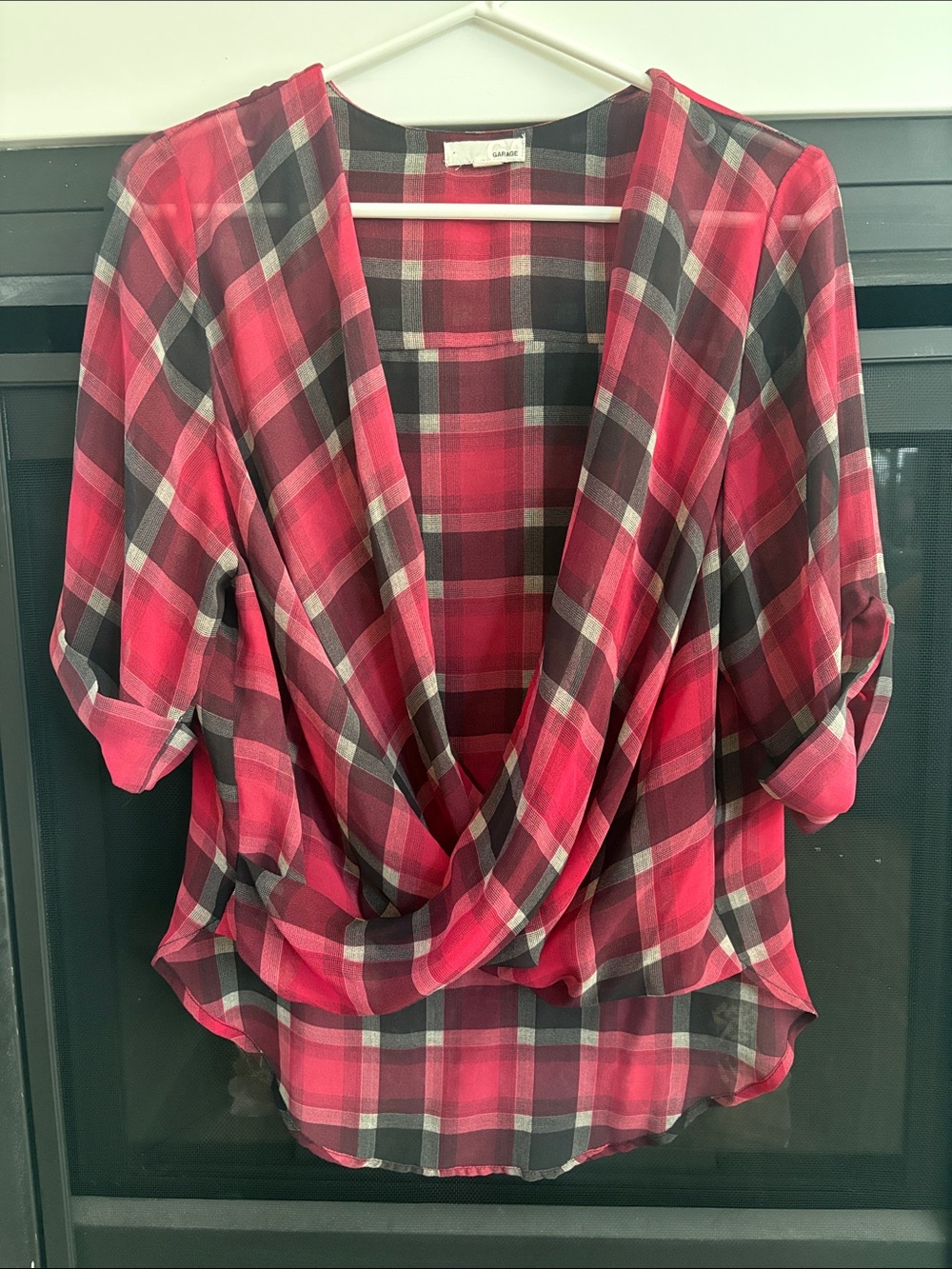 Garage Red and Black Plaid Draped Surplice Top